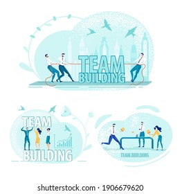 Important and Pleasant Event for Building United Business Team. White Collars, Pulling Rope. Effective Financial Experts. Office Workers, Playing Ping Pong. Isolated on White Three Pictures Set.