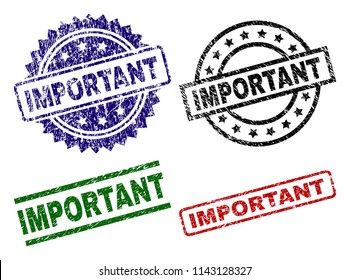 IMPORTANT seal prints with corroded texture. Black, green,red,blue vector rubber prints of IMPORTANT caption with corroded texture. Rubber seals with round, rectangle, rosette shapes.