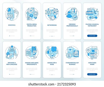 Important skills for life blue onboarding mobile app screen set. Walkthrough 5 steps editable graphic instructions with linear concepts. UI, UX, GUI template. Myriad Pro-Bold, Regular fonts used
