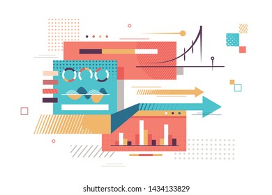 Important Statistics Data Vector Illustration. Charts Show Income Determining Profit And Improve Economics Of Company And Complicated Business Strategy Flat Style Concept