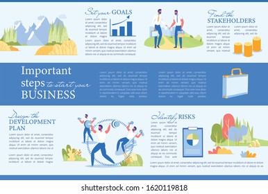 Important Steps to Start your Own Business, Banner. Design Development Steps, Identify Risks, Set your Goals and Find Stakeholders. Man Develops his Business and Finds Devoted Colleague.