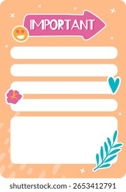 Important tasks list template featuring a cute smiling face with heart eyes, a pink flower, a blue heart, and a twig on a peach background with white details