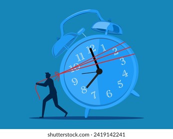 Important time. Businessman dragging a big clock 