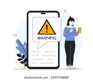 Important warning at smartphone. Young girl looking at large mobile phone with notification. Alarm at gadget and device. Safety and security, protection. Linear vector illustration