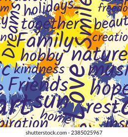 Important words and bright blots. Vector seamless pattern. Colorful modern print for home textiles and wallpaper, wrapping paper, surface design.