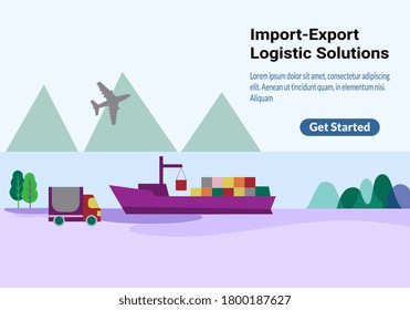 Import-export logistic solutions website landing page, business template for poster. Seashore scenery with containers on freight vessel, cargo truck on the beach and air freighter flying in clear sky.