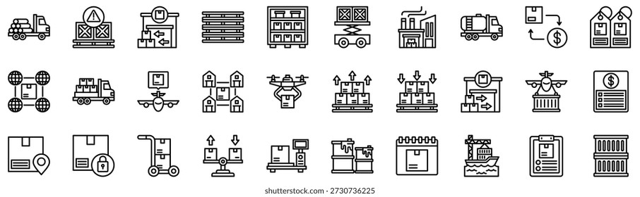 Colección de importación y exportación de iconos. Ilustración vectorial. Camión, Peligroso, Exportación, Palet, Stock, Elevación de tijera, Fábrica, Camión de aceite, Intercambio, Etiqueta, Exportación, Camión de entrega, Avión, Distribución. Vector Pro	