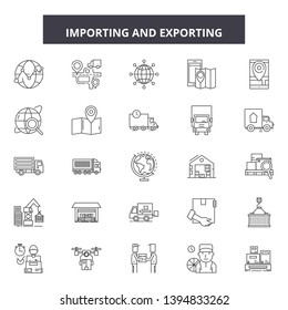 Importing and exporting line icon signs. Linear vector outline illustration set concept.