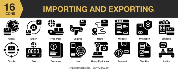 Importando e Exportando conjunto de ícones sólidos. Inclui global, exportação, importação, logística, rota, comércio, lei, documento, caixa e muito mais. Coleção vetorial de ícones sólidos.