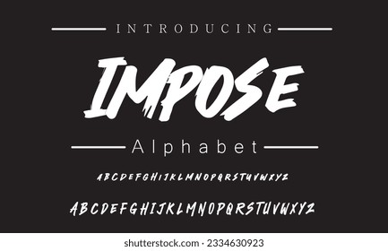 Impose Lettering font isolated on black background. Texture alphabet in street art and graffiti style. Grunge and dirty effect.  Vector brush letters.
