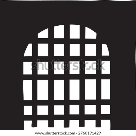 Imposing black silhouette of an arched medieval prison gate with heavy bars and stone pillars suggesting confinement mystery and historical architecture in a stark graphic style