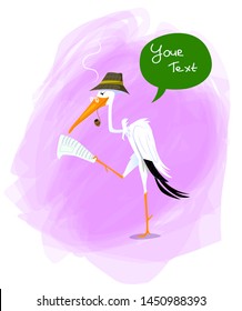 Imposing cartoon stork reading newspaper. Kids design