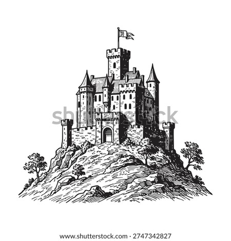 Imposing Medieval Castle on a Hilltop, Fortified Fortress with Towers and Flag, Vintage Engraving Style