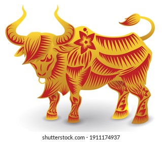 Imposing ox of Chinese Zodiac, decorated with nose ring, big horns, flower, petals and lines in golden and red colors, isolated over white background.