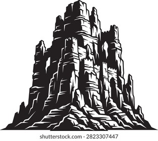Imposing Rocky Mountain Fortress Vector Illustration. Ancient castle stronghold in high contrast black and white graphic style, perfect for fantasy adventure designs, logos, and emblems.