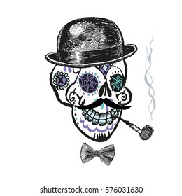 Imposing a skull in bowler hat with moustache, bow tie and smoking pipe. Vector illustration. t-shirt print, tattoo graphics