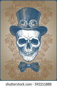 Imposing a skull in cylinder hat with bow and glasses in the style of steampunk