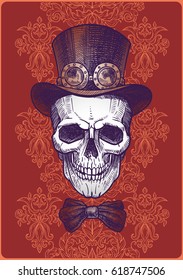 Imposing a skull in cylinder hat with bow and glasses in the style of steampunk