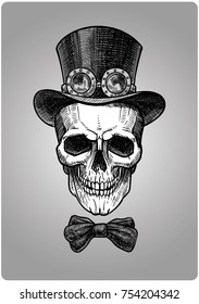 Imposing a skull in cylinder hat with bow and glasses in the style of steampunk