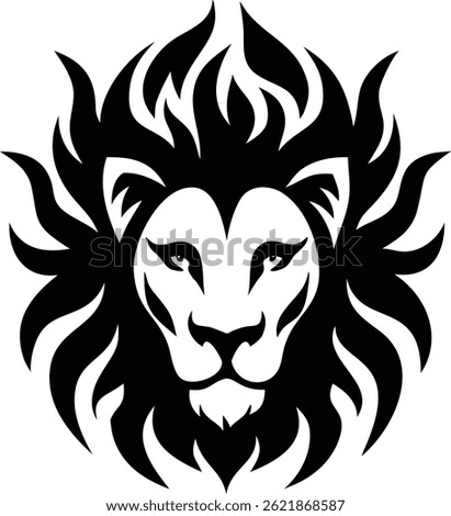 An imposing and stylized lion head features a prominent mane, designed in a striking black and white color scheme, creating a bold and memorable visual representation.