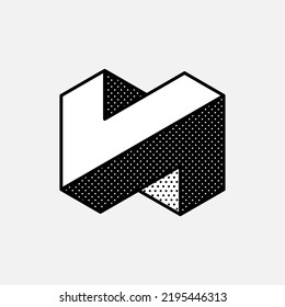 Impossible abstract vector shape. Optical illusion sign. Retro 3d black and white logo with polka dot pattern on the sides. Vector isometric icon for halftone label, illusion company, vintage posters.