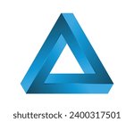Impossible blue triangle. Penrose shape. Esher geometric object. Optical illusion visual effect. Logo template made of three symmetric parts with star in the middle. Vector illustration, 3D, clip art.