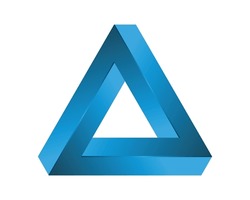 Impossible blue triangle. Penrose shape. Esher geometric object. Optical illusion visual effect. Logo template made of three symmetric parts with star in the middle. Vector illustration, 3D, clip art.