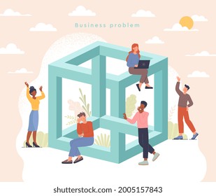 Impossible Challenge Concept. Business Problem Without Solution. Hopeless Struggle Teamwork. Failed Business Project. No Way For Success. Inability To Reach The Goal. Flat Cartoon Vector Illustration