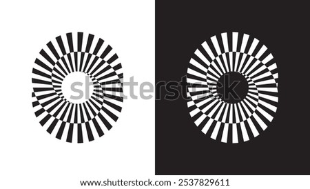 Impossible circle op art geometric shape. Mobius eye optical illusion with spiral black and white lines.