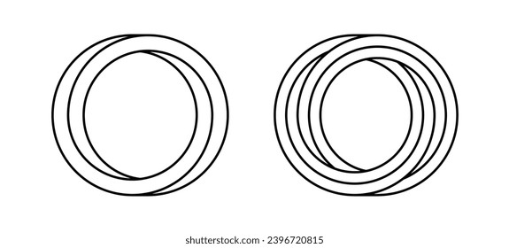 Impossible circle shapes set. Line optical symbols. Outline mobius strips. Infinite loop objects. Abstract unreal geometric forms. Linear puzzle design elements for logo, icon, label, tag. Vector sign