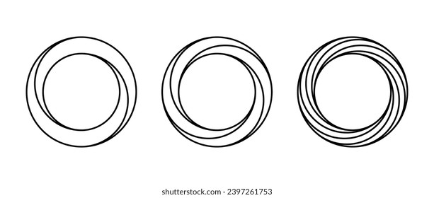 Imposible conjunto de formas de círculo. Anillos de ilusión óptica de línea. Esbozar tiras móviles. Bucle infinito. Resumen de formas geométricas irreales. Elementos de diseño de rompecabezas lineales para logotipo, icono, etiqueta, etiqueta. Vector