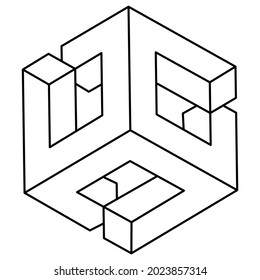 Impossible cube. Line design. Impossible shape. Optical illusion object. Op art figure.