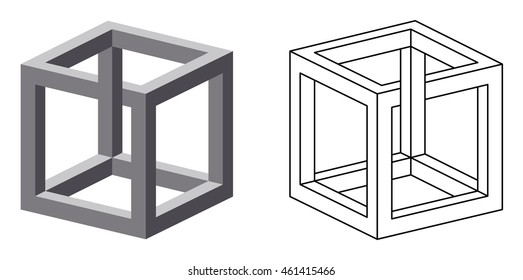 Impossible cube optical illusion. Also known as irrational cube an impossible object invented by M.C. Escher. Viewed from a certain angle, this cube appears to defy the laws of geometry. Illustration.