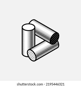 Impossible cylinder vector shape. Optical illusion sign. Retro 3d black and white logo with polka dot pattern on the sides. Vector isometric icon for halftone label, illusion company, vintage posters.