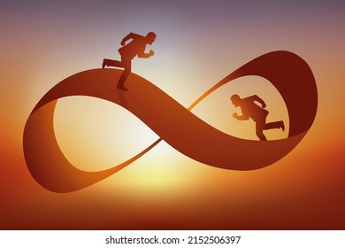 Impossible and dead end concept with two men running in opposite directions on a ribbon symbolizing infinity. svg