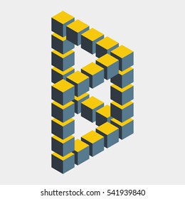 Impossible figure constructed of cube blocks. Mathematical object with mental trick. Isometric 3d design. Optical illusion of brain. Symbol with three-dimensional effect. Imp art. Visual paradox maze 