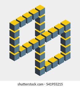 Impossible figure constructed of cube blocks. Mathematical object with mental trick. Isometric 3d design. Optical illusion of brain. Symbol with three-dimensional effect. Imp art. Visual paradox maze 