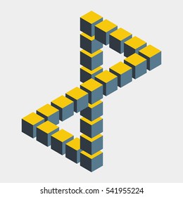 Impossible figure constructed of cube blocks. Mathematical object with mental trick. Isometric 3d design. Optical illusion of brain. Symbol with three-dimensional effect. Imp art. Visual paradox maze 