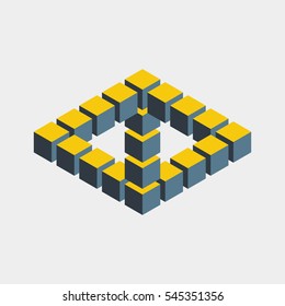 Impossible figure constructed of cube blocks. Mathematical object with mental trick. Isometric 3d design. Optical illusion of brain. Symbol with three-dimensional effect. Imp art. Visual paradox maze 