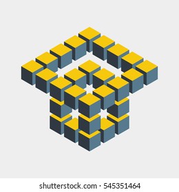 Impossible figure constructed of cube blocks. Mathematical object with mental trick. Isometric 3d design. Optical illusion of brain. Symbol with three-dimensional effect. Imp art. Visual paradox maze 