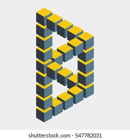 Impossible figure constructed of cube blocks. Mathematical object with mental trick. Isometric 3d design. Optical illusion of brain. Symbol with three-dimensional effect. Imp art. Visual paradox maze 