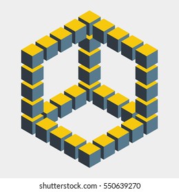 Impossible figure constructed of cube blocks. Mathematical object with mental trick. Isometric 3d design. Optical illusion of brain. Symbol with three-dimensional effect. Imp art. Visual paradox maze 