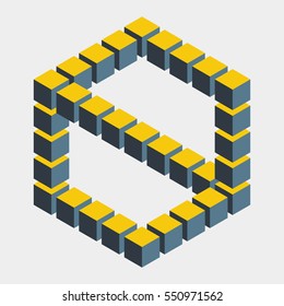 Impossible figure constructed of cube blocks. Mathematical object with mental trick. Isometric 3d design. Optical illusion of brain. Symbol with three-dimensional effect. Imp art. Visual paradox maze 