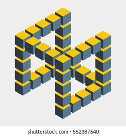 Impossible figure constructed of cube blocks. Mathematical object with mental trick. Isometric 3d design. Optical illusion of brain. Symbol with three-dimensional effect. Imp art. Visual paradox maze 