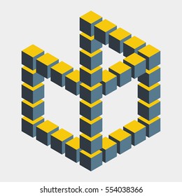 Impossible figure constructed of cube blocks. Mathematical object with mental trick. Isometric 3d design. Optical illusion of brain. Symbol with three-dimensional effect. Imp art. Visual paradox maze 