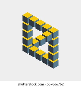 Impossible figure constructed of cube blocks. Mathematical object with mental trick. Isometric 3d design. Optical illusion of brain. Symbol with three-dimensional effect. Imp art. Visual paradox maze 