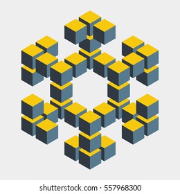 Impossible figure constructed of cube blocks. Mathematical object with mental trick. Isometric 3d design. Optical illusion of brain. Symbol with three-dimensional effect. Imp art. Visual paradox maze 