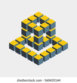 Impossible figure constructed of cube blocks. Mathematical object with mental trick. Isometric 3d design. Optical illusion of brain. Symbol with three-dimensional effect. Imp art. Visual paradox maze 