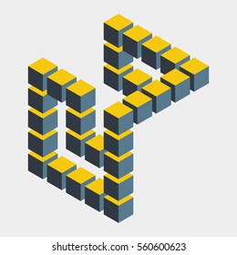 Impossible figure constructed of cube blocks. Mathematical object with mental trick. Isometric 3d design. Optical illusion of brain. Symbol with three-dimensional effect. Imp art. Visual paradox maze 