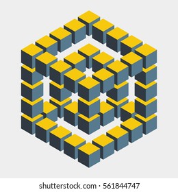 Impossible figure constructed of cube blocks. Mathematical object with mental trick. Isometric 3d design. Optical illusion of brain. Symbol with three-dimensional effect. Imp art. Visual paradox maze 